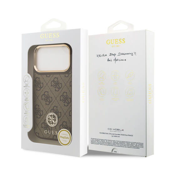 Apple iPhone 17 Pro Kılıf Guess Orjinal Lisanslı M-safe Şarj Özellikli Gold Metal Kamera Çerçeveli Taşlı 4G Logolu Kapak - 17