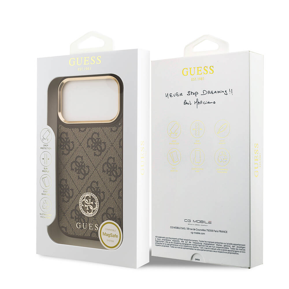 Apple iPhone 17 Pro Kılıf Guess Orjinal Lisanslı M-safe Şarj Özellikli Gold Metal Kamera Çerçeveli Taşlı 4G Logolu Kapak - 17