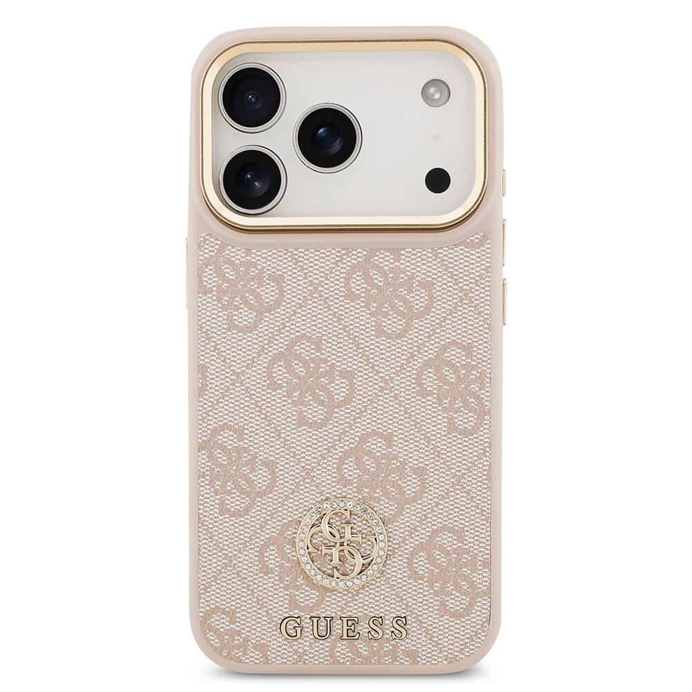 Apple iPhone 17 Pro Kılıf Guess Orjinal Lisanslı M-safe Şarj Özellikli Gold Metal Kamera Çerçeveli Taşlı 4G Logolu Kapak - 20