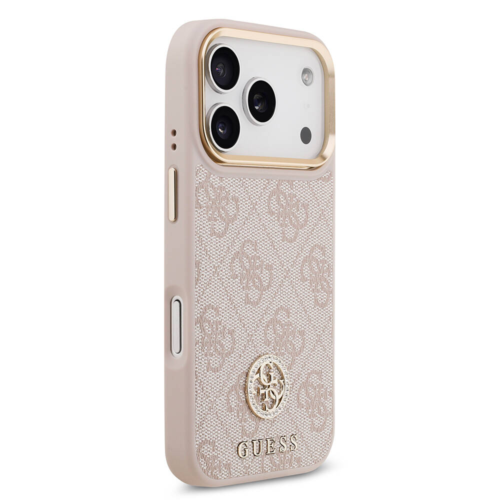 Apple iPhone 17 Pro Kılıf Guess Orjinal Lisanslı M-safe Şarj Özellikli Gold Metal Kamera Çerçeveli Taşlı 4G Logolu Kapak - 21
