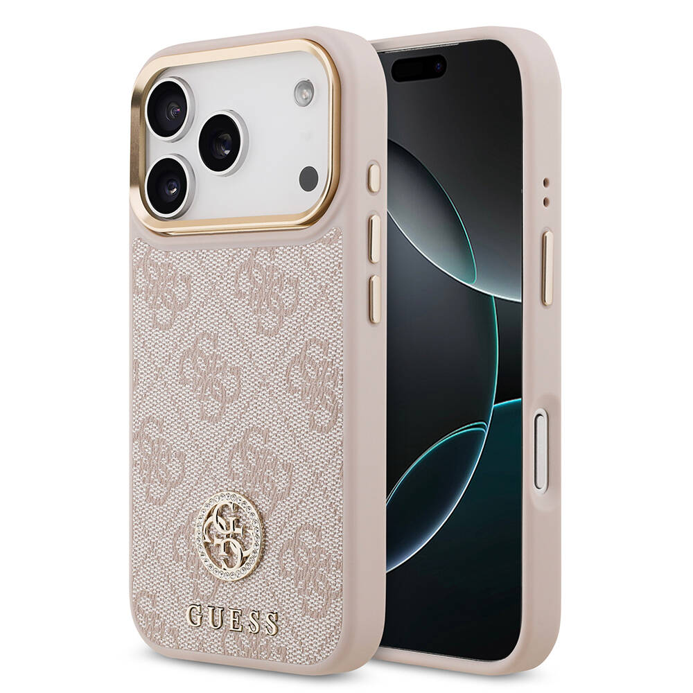 Apple iPhone 17 Pro Kılıf Guess Orjinal Lisanslı M-safe Şarj Özellikli Gold Metal Kamera Çerçeveli Taşlı 4G Logolu Kapak - 3