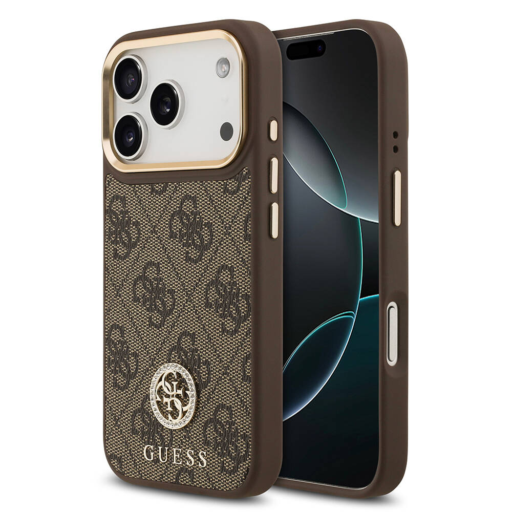 Apple iPhone 17 Pro Kılıf Guess Orjinal Lisanslı M-safe Şarj Özellikli Gold Metal Kamera Çerçeveli Taşlı 4G Logolu Kapak - 1