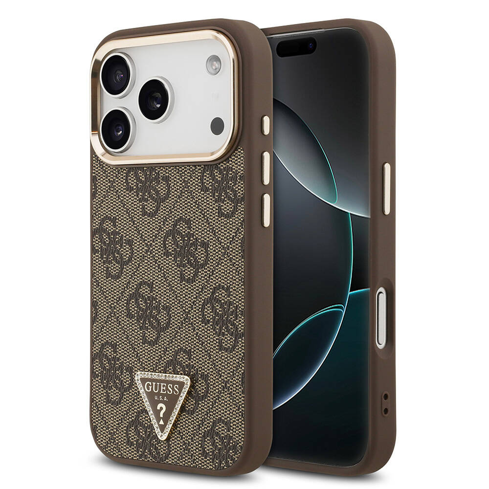 Apple iPhone 17 Pro Kılıf Guess Orjinal Lisanslı M-safe Şarj Özellikli Gold Metal Kamera Çerçeveli Taşlı Üçgen Logo 4G Desenli Kapak - 4