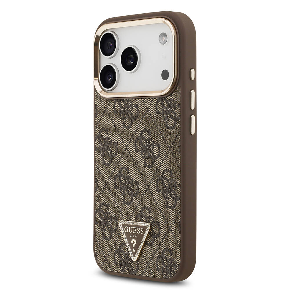 Apple iPhone 17 Pro Kılıf Guess Orjinal Lisanslı M-safe Şarj Özellikli Gold Metal Kamera Çerçeveli Taşlı Üçgen Logo 4G Desenli Kapak - 5