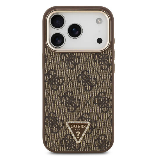 Apple iPhone 17 Pro Kılıf Guess Orjinal Lisanslı M-safe Şarj Özellikli Gold Metal Kamera Çerçeveli Taşlı Üçgen Logo 4G Desenli Kapak - 6