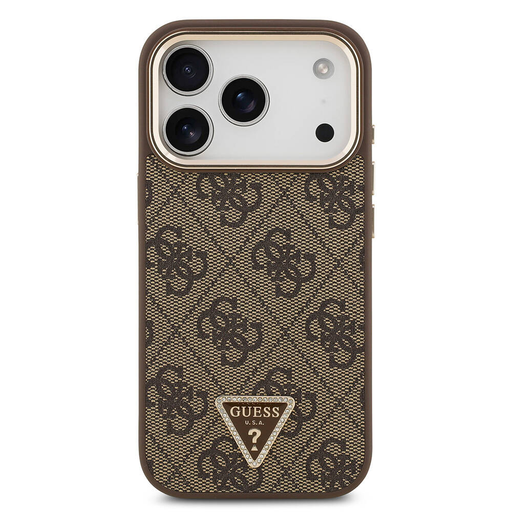 Apple iPhone 17 Pro Kılıf Guess Orjinal Lisanslı M-safe Şarj Özellikli Gold Metal Kamera Çerçeveli Taşlı Üçgen Logo 4G Desenli Kapak - 6