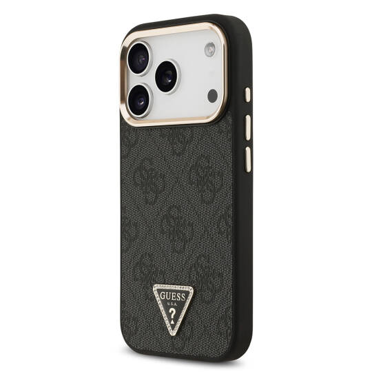 Apple iPhone 17 Pro Kılıf Guess Orjinal Lisanslı M-safe Şarj Özellikli Gold Metal Kamera Çerçeveli Taşlı Üçgen Logo 4G Desenli Kapak - 12