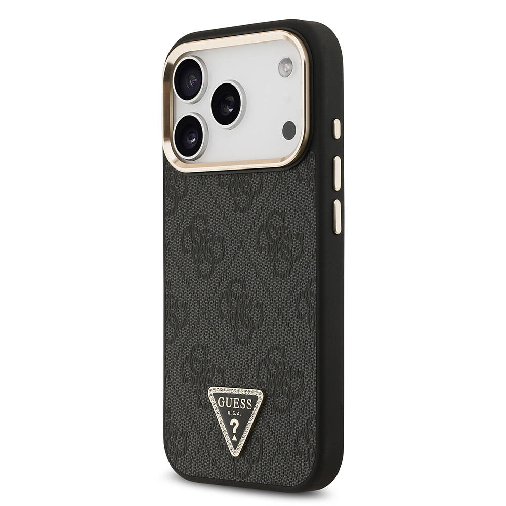 Apple iPhone 17 Pro Kılıf Guess Orjinal Lisanslı M-safe Şarj Özellikli Gold Metal Kamera Çerçeveli Taşlı Üçgen Logo 4G Desenli Kapak - 12