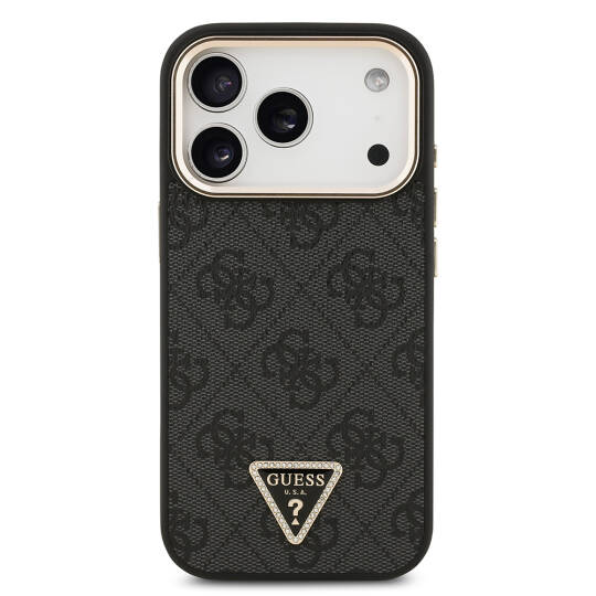 Apple iPhone 17 Pro Kılıf Guess Orjinal Lisanslı M-safe Şarj Özellikli Gold Metal Kamera Çerçeveli Taşlı Üçgen Logo 4G Desenli Kapak - 13