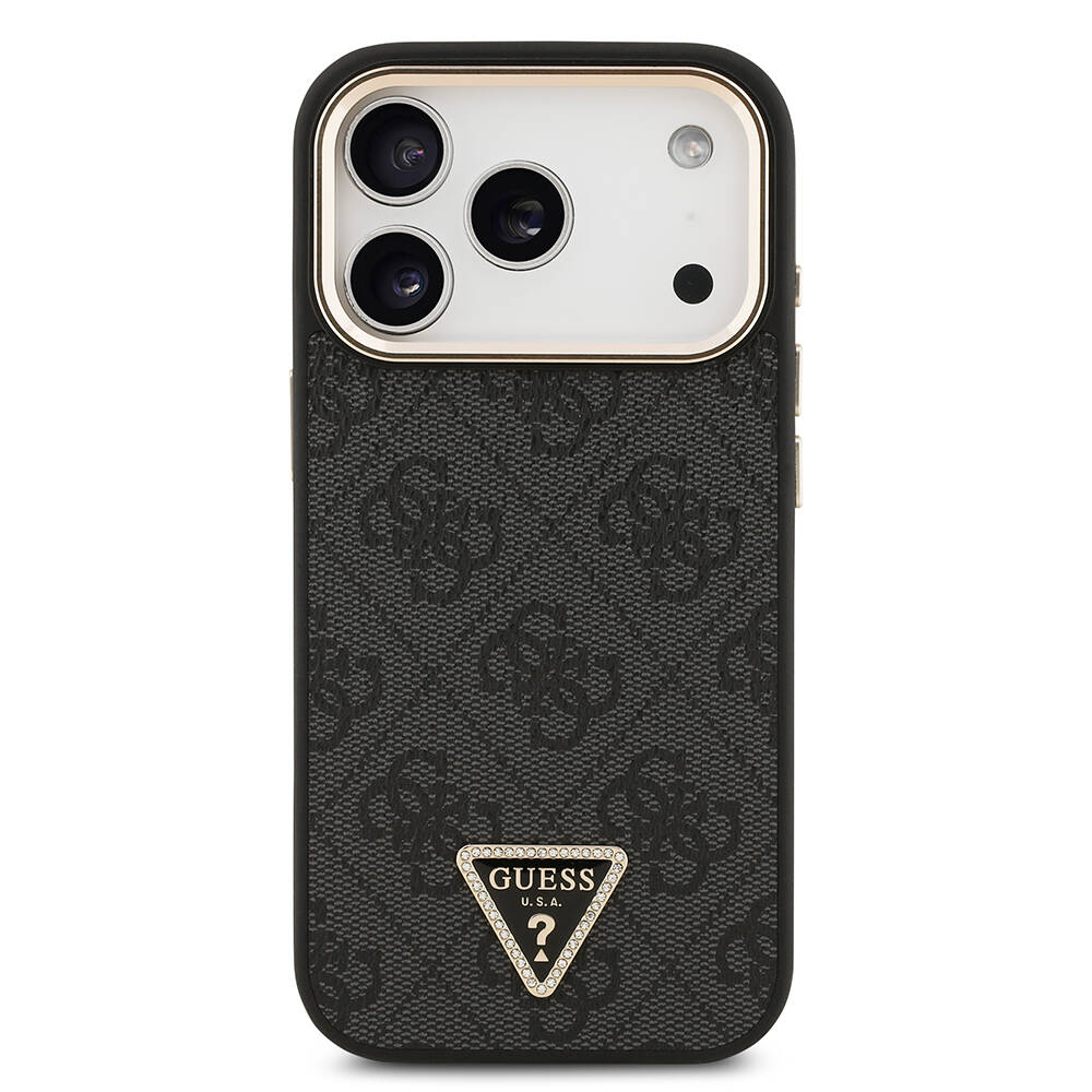 Apple iPhone 17 Pro Kılıf Guess Orjinal Lisanslı M-safe Şarj Özellikli Gold Metal Kamera Çerçeveli Taşlı Üçgen Logo 4G Desenli Kapak - 13
