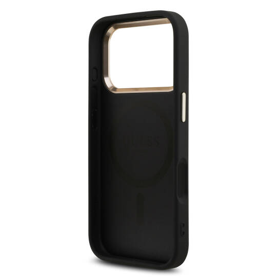 Apple iPhone 17 Pro Kılıf Guess Orjinal Lisanslı M-safe Şarj Özellikli Gold Metal Kamera Çerçeveli Taşlı Üçgen Logo 4G Desenli Kapak - 17