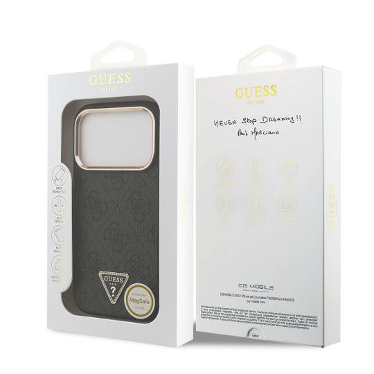 Apple iPhone 17 Pro Kılıf Guess Orjinal Lisanslı M-safe Şarj Özellikli Gold Metal Kamera Çerçeveli Taşlı Üçgen Logo 4G Desenli Kapak - 18