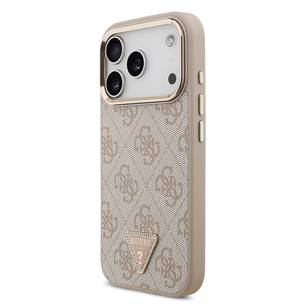 Apple iPhone 17 Pro Kılıf Guess Orjinal Lisanslı M-safe Şarj Özellikli Gold Metal Kamera Çerçeveli Taşlı Üçgen Logo 4G Desenli Kapak - 19