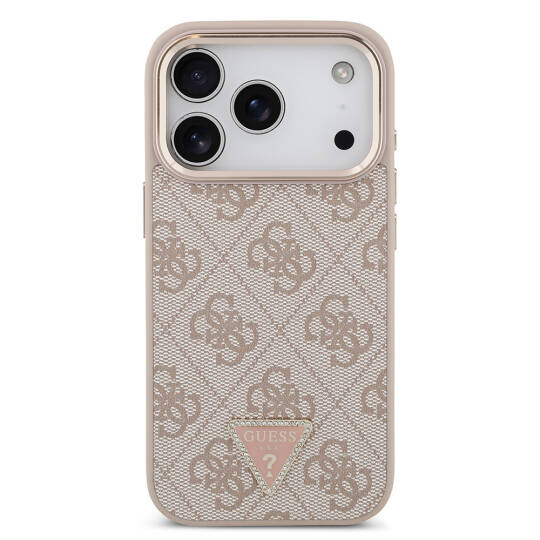 Apple iPhone 17 Pro Kılıf Guess Orjinal Lisanslı M-safe Şarj Özellikli Gold Metal Kamera Çerçeveli Taşlı Üçgen Logo 4G Desenli Kapak - 20