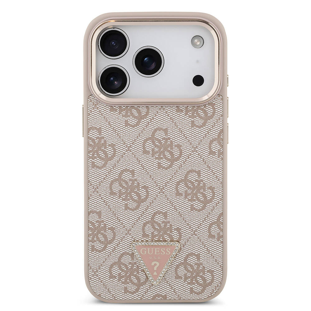 Apple iPhone 17 Pro Kılıf Guess Orjinal Lisanslı M-safe Şarj Özellikli Gold Metal Kamera Çerçeveli Taşlı Üçgen Logo 4G Desenli Kapak - 20