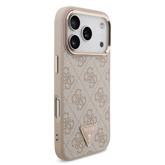Apple iPhone 17 Pro Kılıf Guess Orjinal Lisanslı M-safe Şarj Özellikli Gold Metal Kamera Çerçeveli Taşlı Üçgen Logo 4G Desenli Kapak - 21