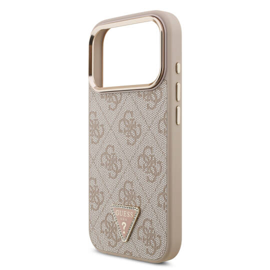 Apple iPhone 17 Pro Kılıf Guess Orjinal Lisanslı M-safe Şarj Özellikli Gold Metal Kamera Çerçeveli Taşlı Üçgen Logo 4G Desenli Kapak - 23