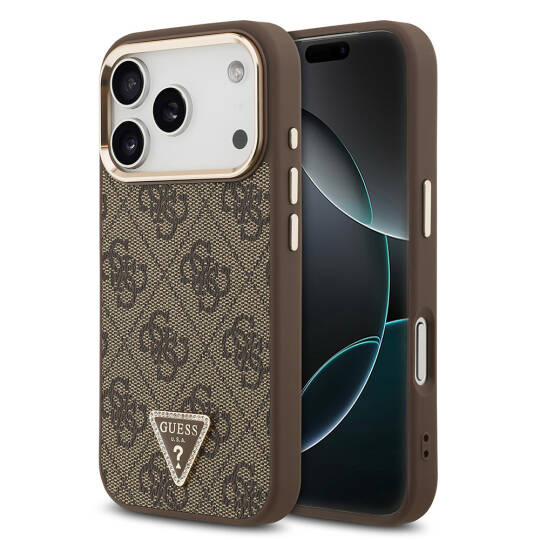 Apple iPhone 17 Pro Kılıf Guess Orjinal Lisanslı M-safe Şarj Özellikli Gold Metal Kamera Çerçeveli Taşlı Üçgen Logo 4G Desenli Kapak - 3