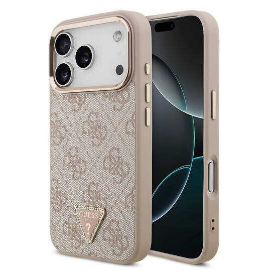 Apple iPhone 17 Pro Kılıf Guess Orjinal Lisanslı M-safe Şarj Özellikli Gold Metal Kamera Çerçeveli Taşlı Üçgen Logo 4G Desenli Kapak - 2