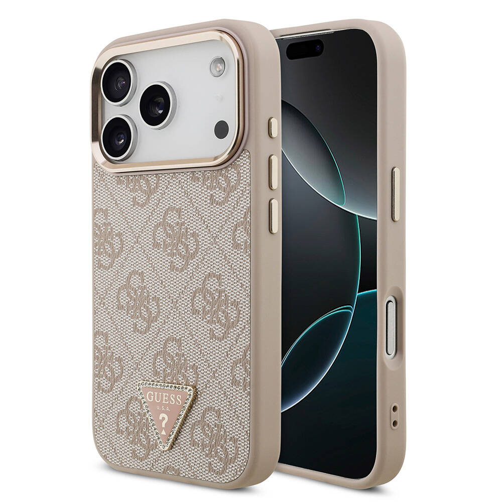 Apple iPhone 17 Pro Kılıf Guess Orjinal Lisanslı M-safe Şarj Özellikli Gold Metal Kamera Çerçeveli Taşlı Üçgen Logo 4G Desenli Kapak - 2
