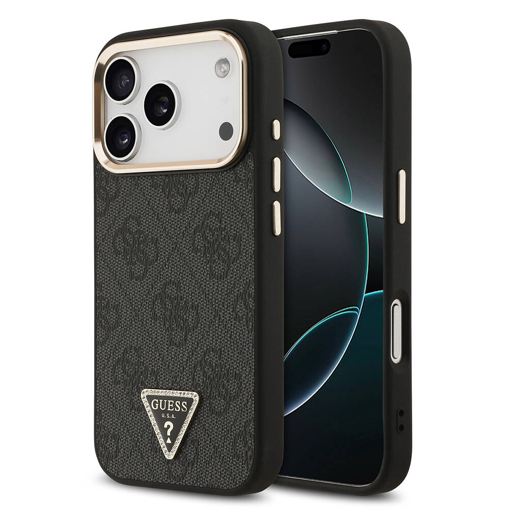Apple iPhone 17 Pro Kılıf Guess Orjinal Lisanslı M-safe Şarj Özellikli Gold Metal Kamera Çerçeveli Taşlı Üçgen Logo 4G Desenli Kapak - 1