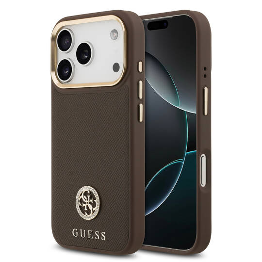 Apple iPhone 17 Pro Kılıf Guess Orjinal Lisanslı M-safe Şarj Özellikli Grained Yazı ve Taşlı 4G Logolu Kapak - 4