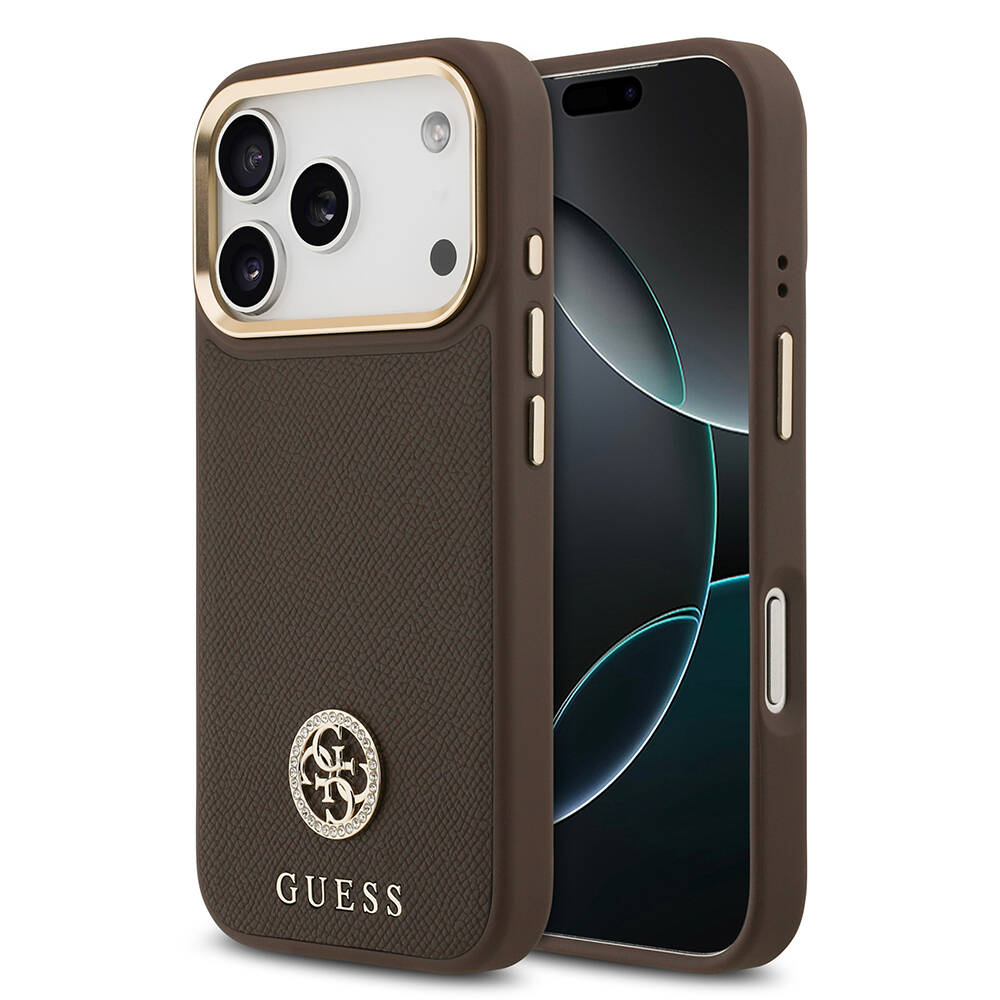 Apple iPhone 17 Pro Kılıf Guess Orjinal Lisanslı M-safe Şarj Özellikli Grained Yazı ve Taşlı 4G Logolu Kapak - 4