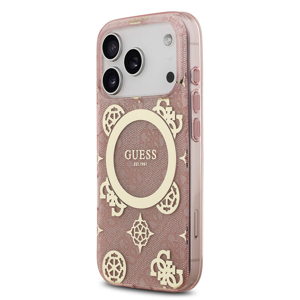 Apple iPhone 17 Pro Kılıf Guess Orjinal Lisanslı M-safe Şarj Özellikli IML Peony ve 4G Desenli Klasik Logolu Kapak - 17