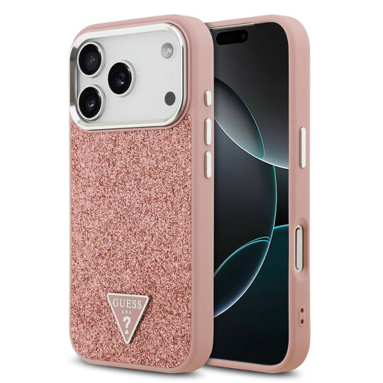 Apple iPhone 17 Pro Kılıf Guess Orjinal Lisanslı M-safe Şarj Özellikli Metal Kamera Çerçeveli Üçgen Logolu Glitter Kapak - 5
