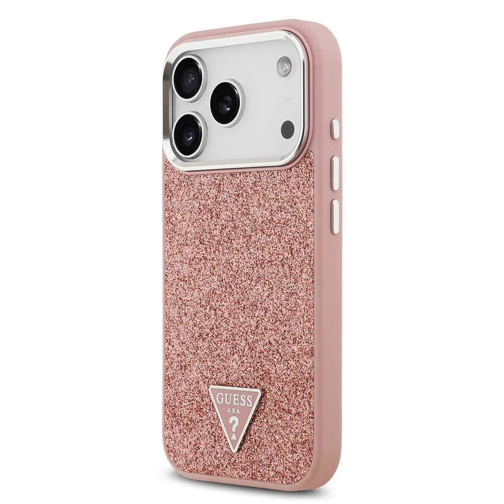 Apple iPhone 17 Pro Kılıf Guess Orjinal Lisanslı M-safe Şarj Özellikli Metal Kamera Çerçeveli Üçgen Logolu Glitter Kapak - 6
