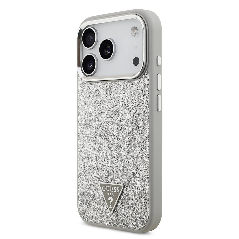 Apple iPhone 17 Pro Kılıf Guess Orjinal Lisanslı M-safe Şarj Özellikli Metal Kamera Çerçeveli Üçgen Logolu Glitter Kapak - 12