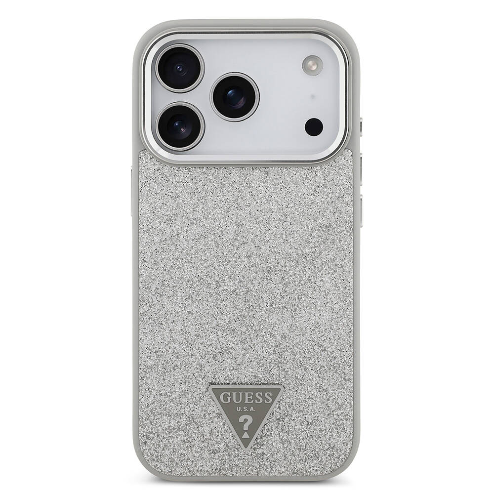 Apple iPhone 17 Pro Kılıf Guess Orjinal Lisanslı M-safe Şarj Özellikli Metal Kamera Çerçeveli Üçgen Logolu Glitter Kapak - 13
