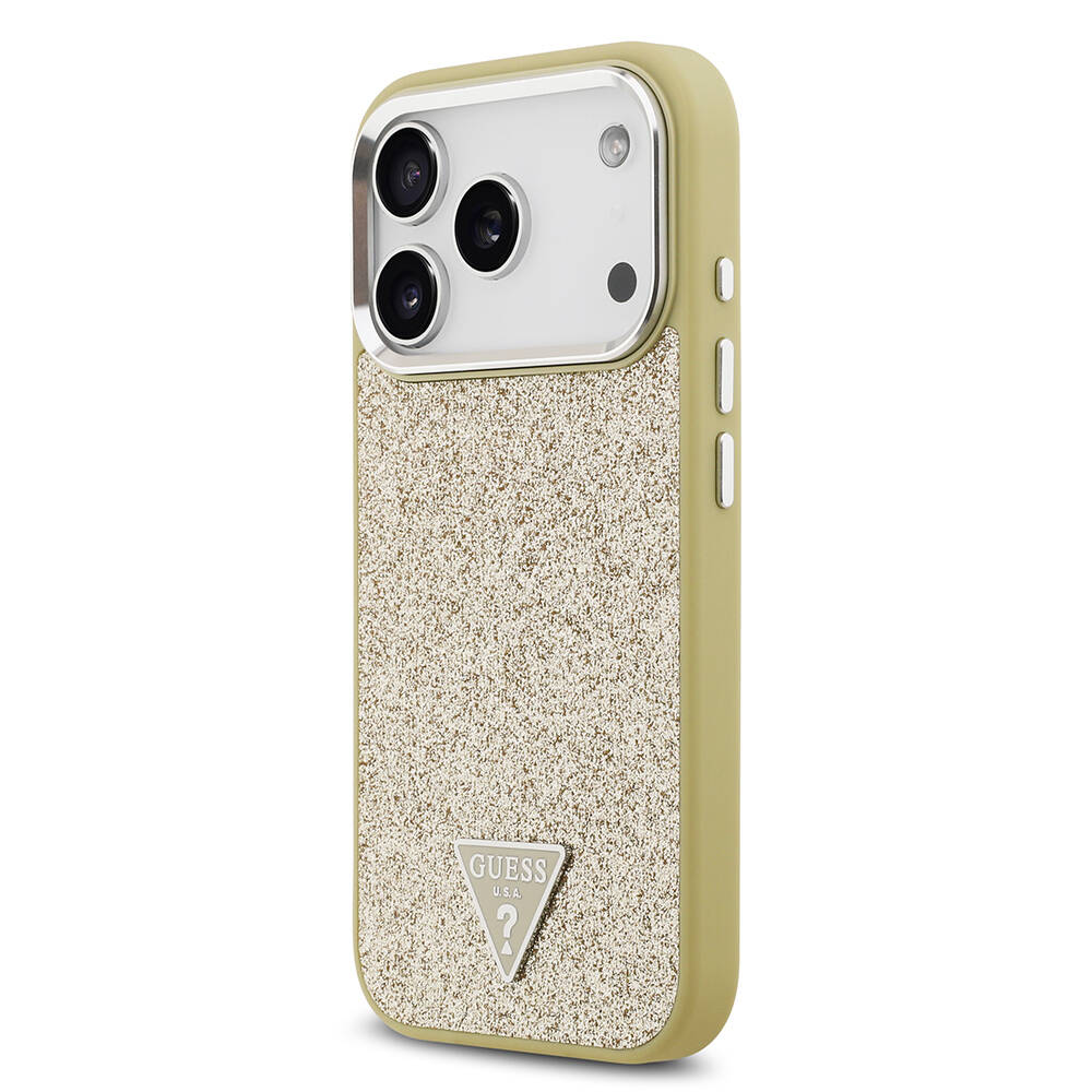 Apple iPhone 17 Pro Kılıf Guess Orjinal Lisanslı M-safe Şarj Özellikli Metal Kamera Çerçeveli Üçgen Logolu Glitter Kapak - 18