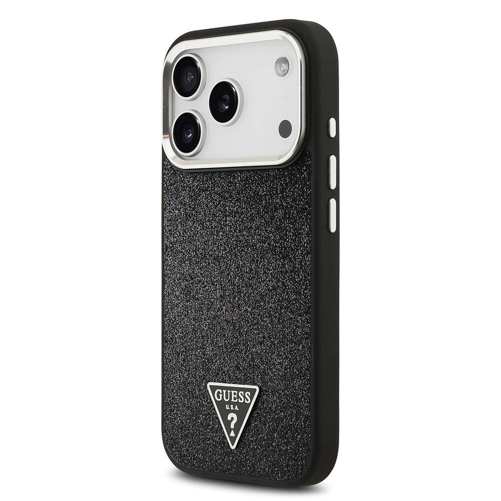 Apple iPhone 17 Pro Kılıf Guess Orjinal Lisanslı M-safe Şarj Özellikli Metal Kamera Çerçeveli Üçgen Logolu Glitter Kapak - 24
