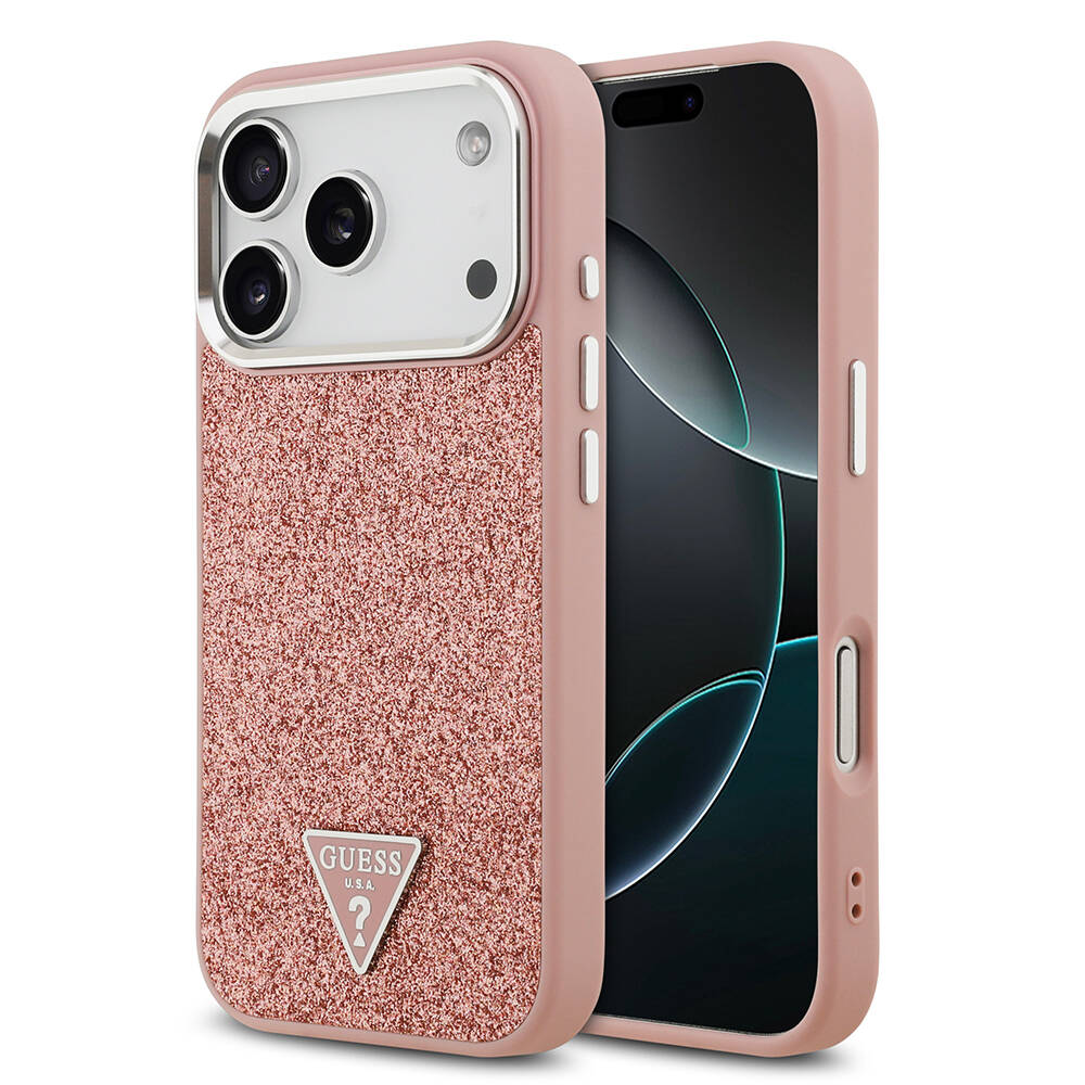 Apple iPhone 17 Pro Kılıf Guess Orjinal Lisanslı M-safe Şarj Özellikli Metal Kamera Çerçeveli Üçgen Logolu Glitter Kapak - 4