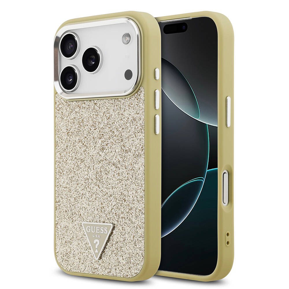 Apple iPhone 17 Pro Kılıf Guess Orjinal Lisanslı M-safe Şarj Özellikli Metal Kamera Çerçeveli Üçgen Logolu Glitter Kapak - 1
