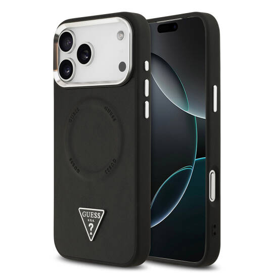 Apple iPhone 17 Pro Kılıf Guess Orjinal Lisanslı M-safe Şarj Özellikli PU Deri Metal Kamera Çerçeveli Üçgen Logolu Kapak - 3