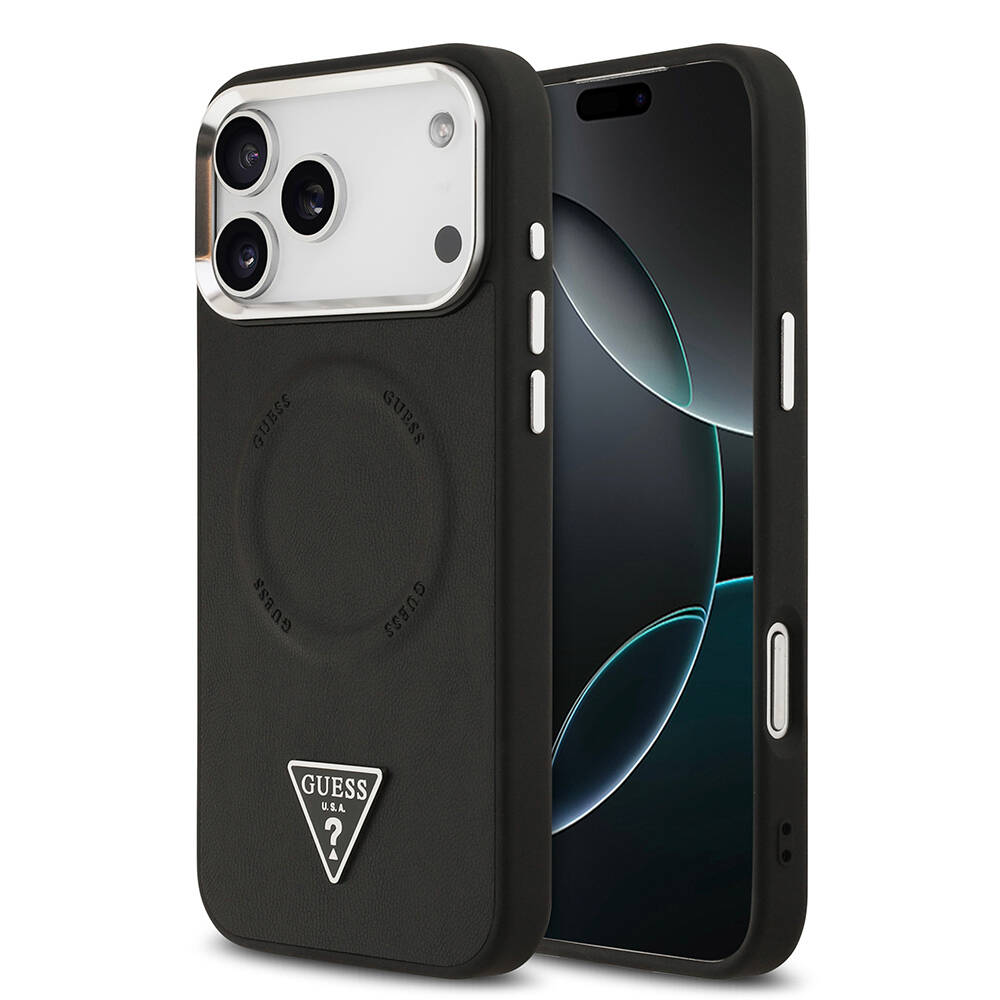 Apple iPhone 17 Pro Kılıf Guess Orjinal Lisanslı M-safe Şarj Özellikli PU Deri Metal Kamera Çerçeveli Üçgen Logolu Kapak - 3