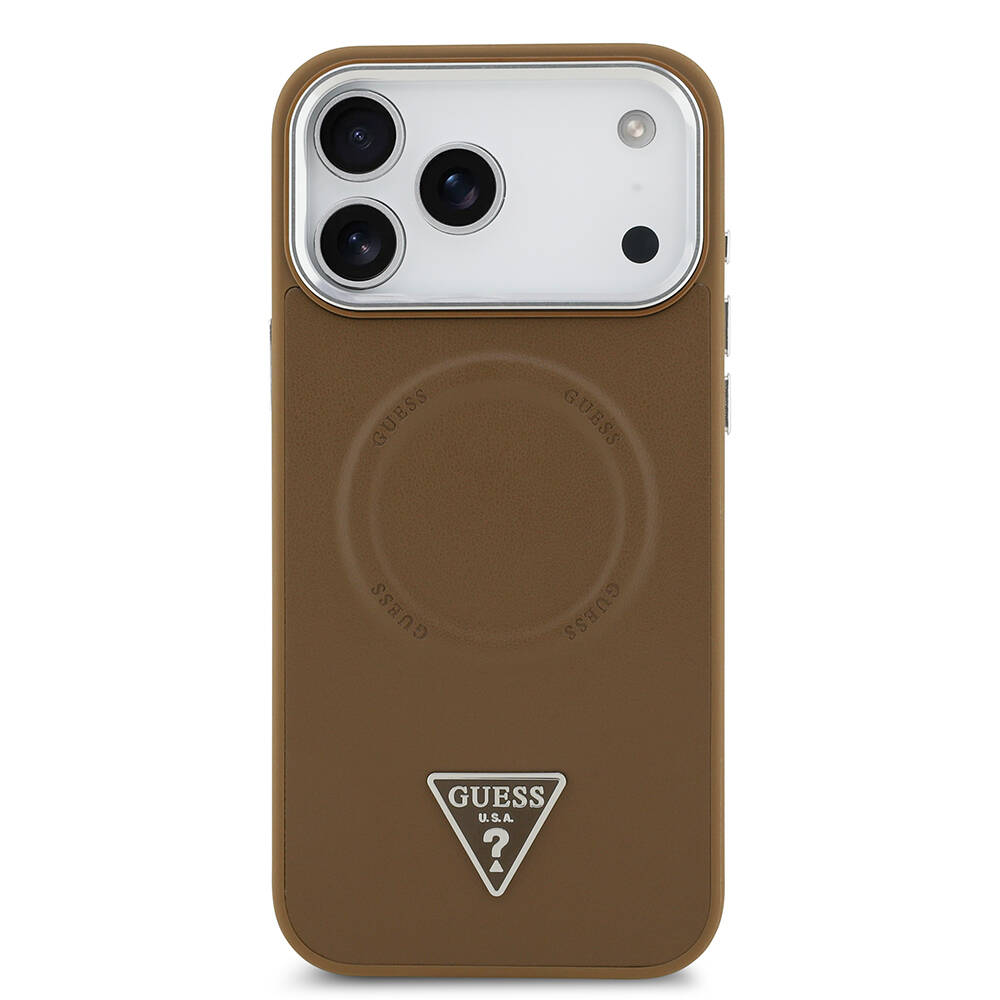 Apple iPhone 17 Pro Kılıf Guess Orjinal Lisanslı M-safe Şarj Özellikli PU Deri Metal Kamera Çerçeveli Üçgen Logolu Kapak - 12