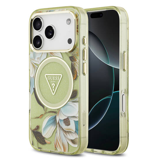 Apple iPhone 17 Pro Kılıf Guess Orjinal Lisanslı M-safe Şarj Özellikli Simli Çiçek Desenli Metal Kamera Çerçeveli Üçgen Logolu Kapak - 5