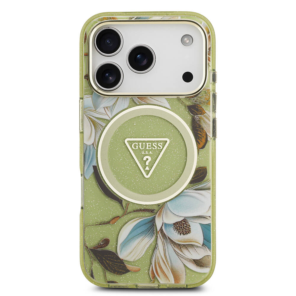 Apple iPhone 17 Pro Kılıf Guess Orjinal Lisanslı M-safe Şarj Özellikli Simli Çiçek Desenli Metal Kamera Çerçeveli Üçgen Logolu Kapak - 7