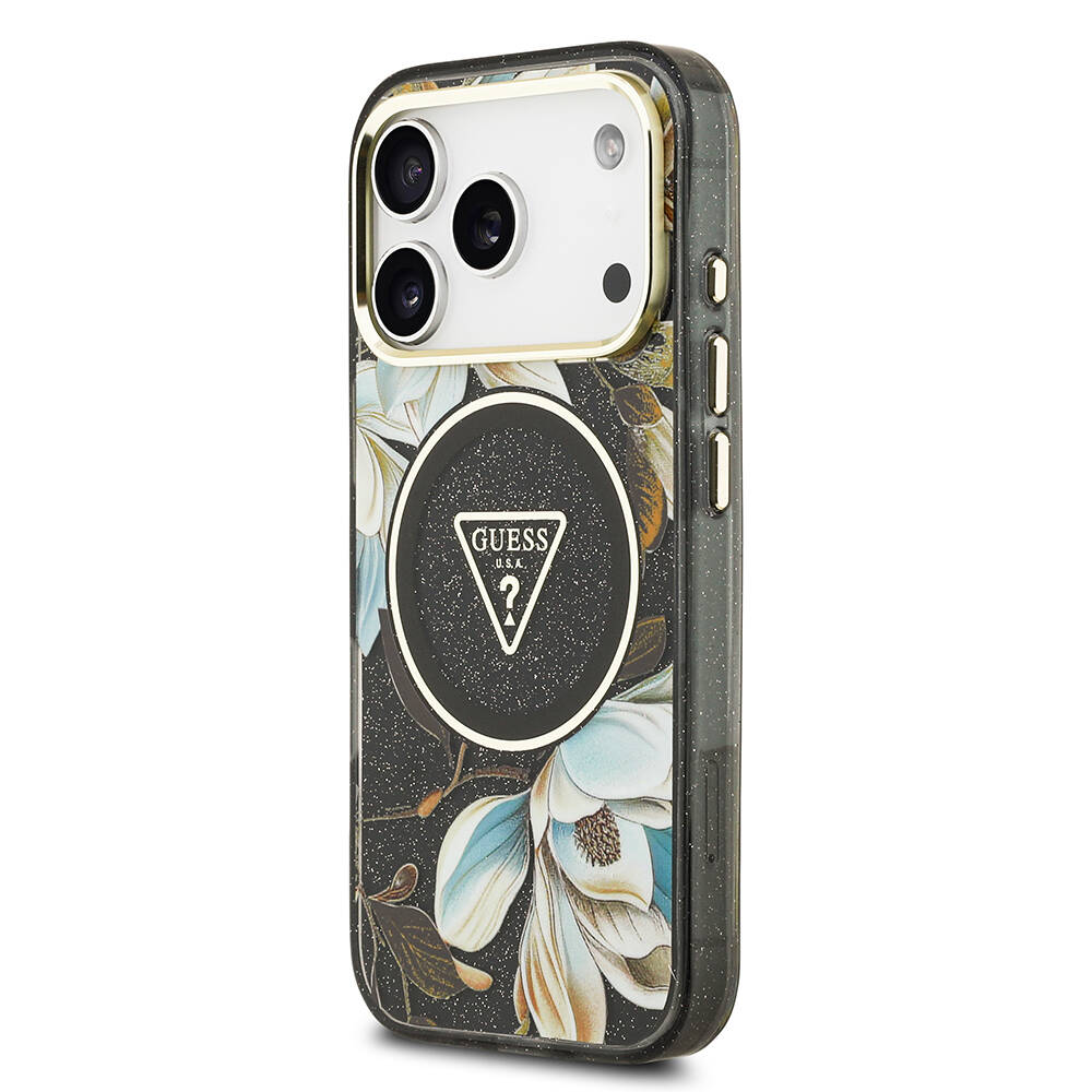 Apple iPhone 17 Pro Kılıf Guess Orjinal Lisanslı M-safe Şarj Özellikli Simli Çiçek Desenli Metal Kamera Çerçeveli Üçgen Logolu Kapak - 12