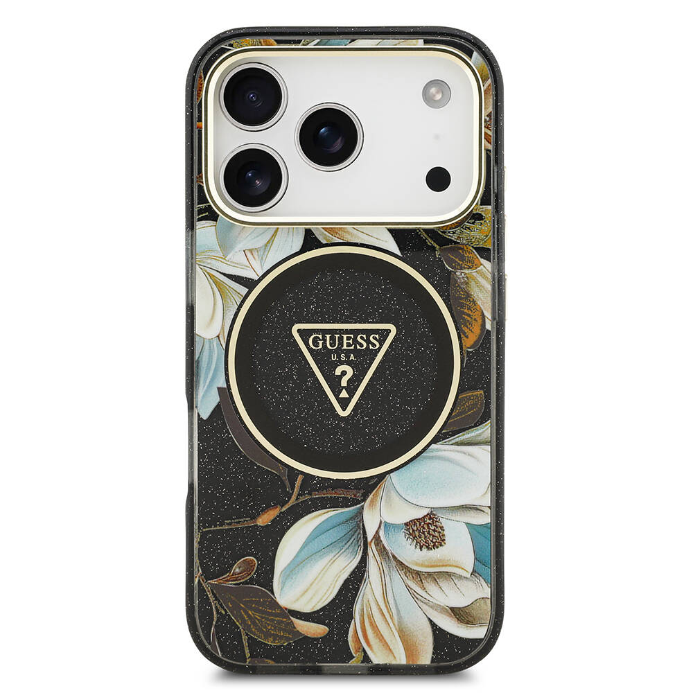 Apple iPhone 17 Pro Kılıf Guess Orjinal Lisanslı M-safe Şarj Özellikli Simli Çiçek Desenli Metal Kamera Çerçeveli Üçgen Logolu Kapak - 13