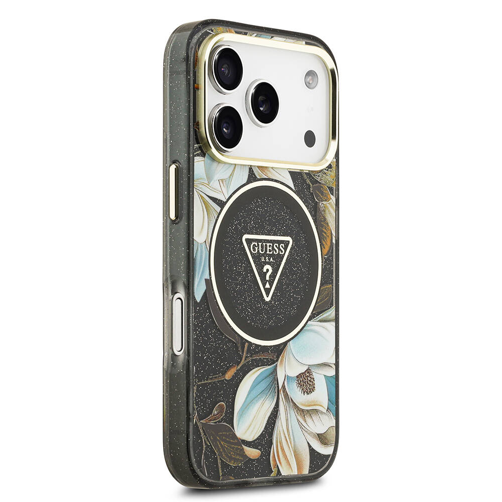 Apple iPhone 17 Pro Kılıf Guess Orjinal Lisanslı M-safe Şarj Özellikli Simli Çiçek Desenli Metal Kamera Çerçeveli Üçgen Logolu Kapak - 14