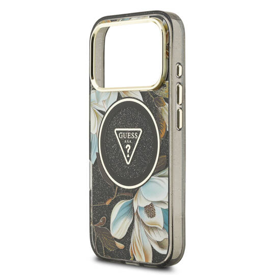Apple iPhone 17 Pro Kılıf Guess Orjinal Lisanslı M-safe Şarj Özellikli Simli Çiçek Desenli Metal Kamera Çerçeveli Üçgen Logolu Kapak - 16