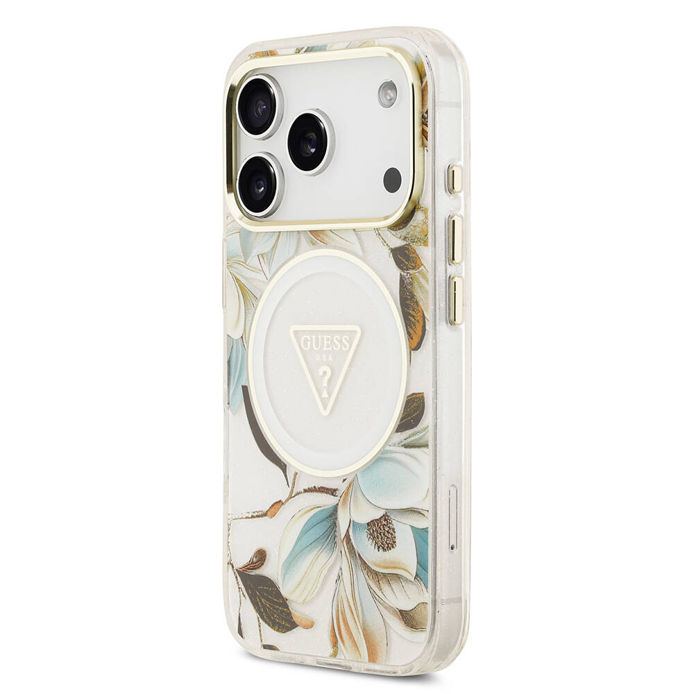 Apple iPhone 17 Pro Kılıf Guess Orjinal Lisanslı M-safe Şarj Özellikli Simli Çiçek Desenli Metal Kamera Çerçeveli Üçgen Logolu Kapak - 24