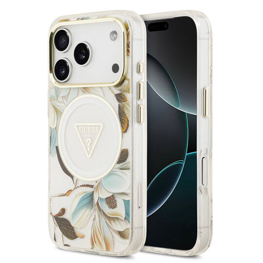 Apple iPhone 17 Pro Kılıf Guess Orjinal Lisanslı M-safe Şarj Özellikli Simli Çiçek Desenli Metal Kamera Çerçeveli Üçgen Logolu Kapak - 4