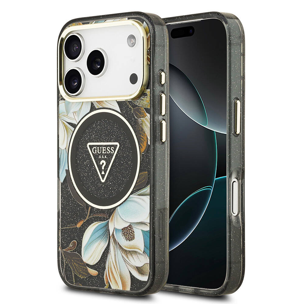 Apple iPhone 17 Pro Kılıf Guess Orjinal Lisanslı M-safe Şarj Özellikli Simli Çiçek Desenli Metal Kamera Çerçeveli Üçgen Logolu Kapak - 1