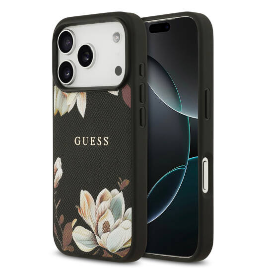 Apple iPhone 17 Pro Kılıf Guess Orjinal Lisanslı M-safe Şarj Özellikli Taneli Çiçek Tasarımlı Metal Yazı Logolu Kapak - 3