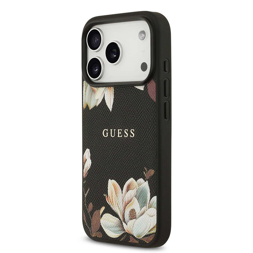 Apple iPhone 17 Pro Kılıf Guess Orjinal Lisanslı M-safe Şarj Özellikli Taneli Çiçek Tasarımlı Metal Yazı Logolu Kapak - 4